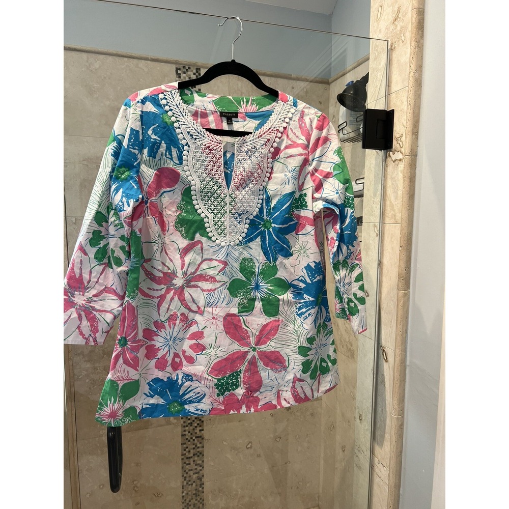 Talbots Hibiscus Pink White Floral Tunic Top Cotton Popover Medium V-Neck